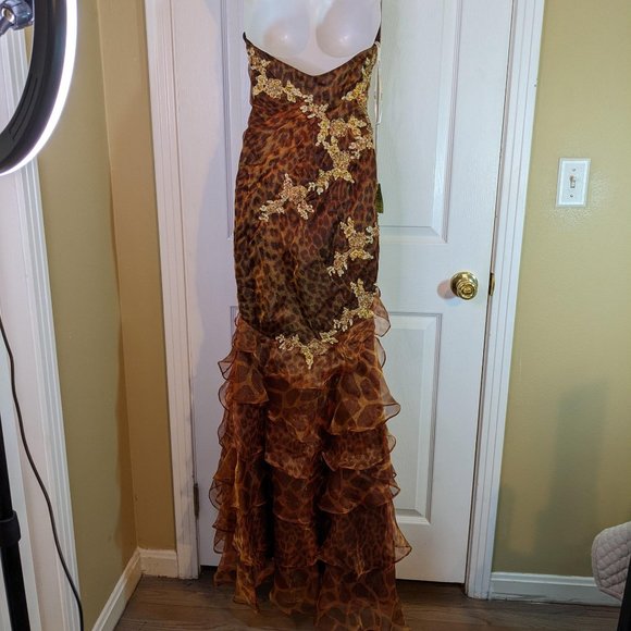 Jasz Couture Leopard Beaded Ruffled Tiers Halter Maxi Dress - size 2 NWT - Picture 10 of 16